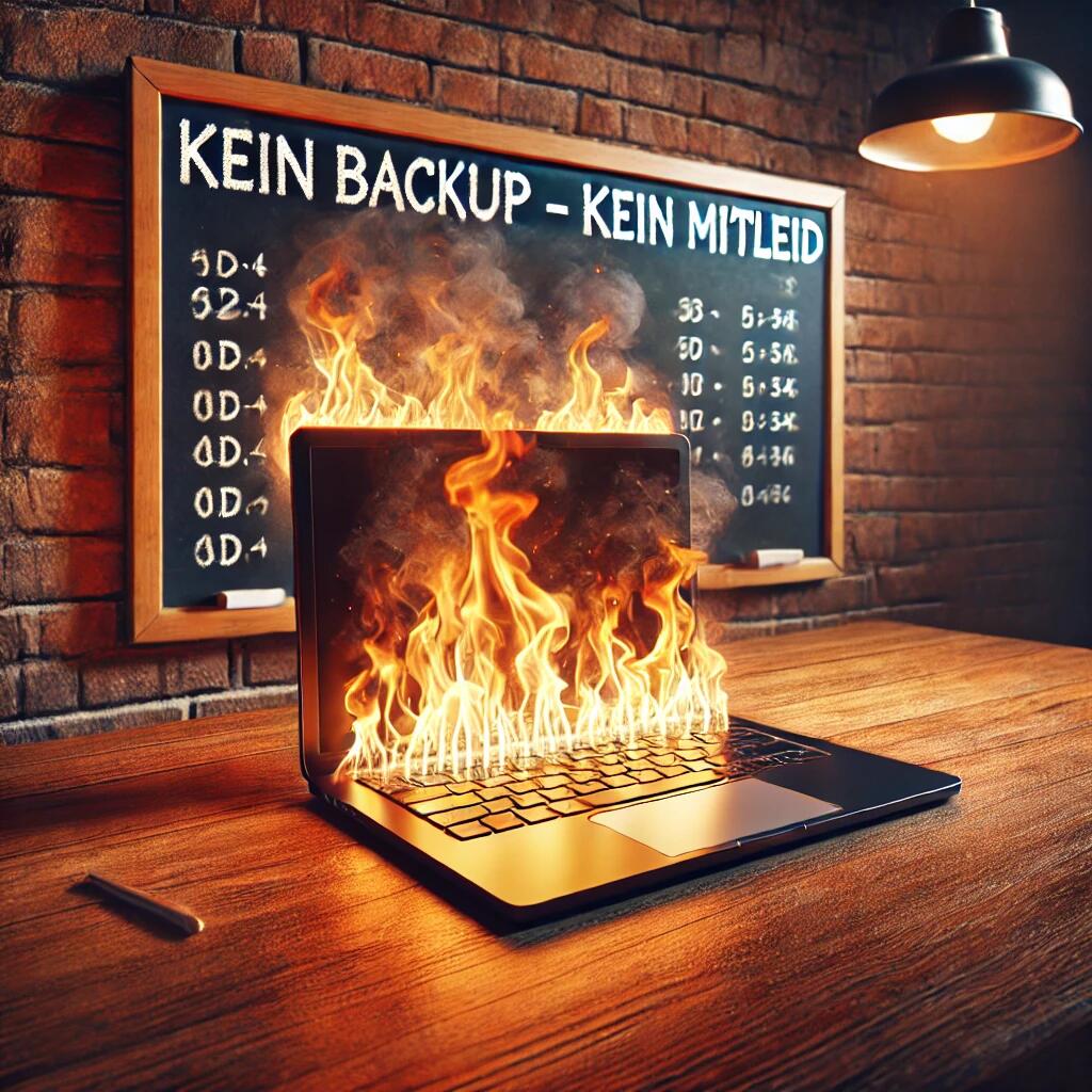 A 3D-rendered image of a laptop on a wooden desk with realistic flames rising from the keyboard and screen. In the background, a chalkboard hangs on a