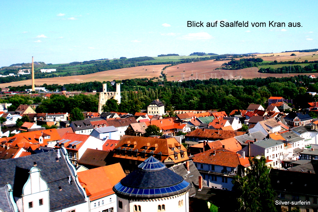 Blick auf Saalfeld vom Kran aus.