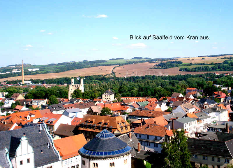 Blick auf Saalfeld vom Kran aus.