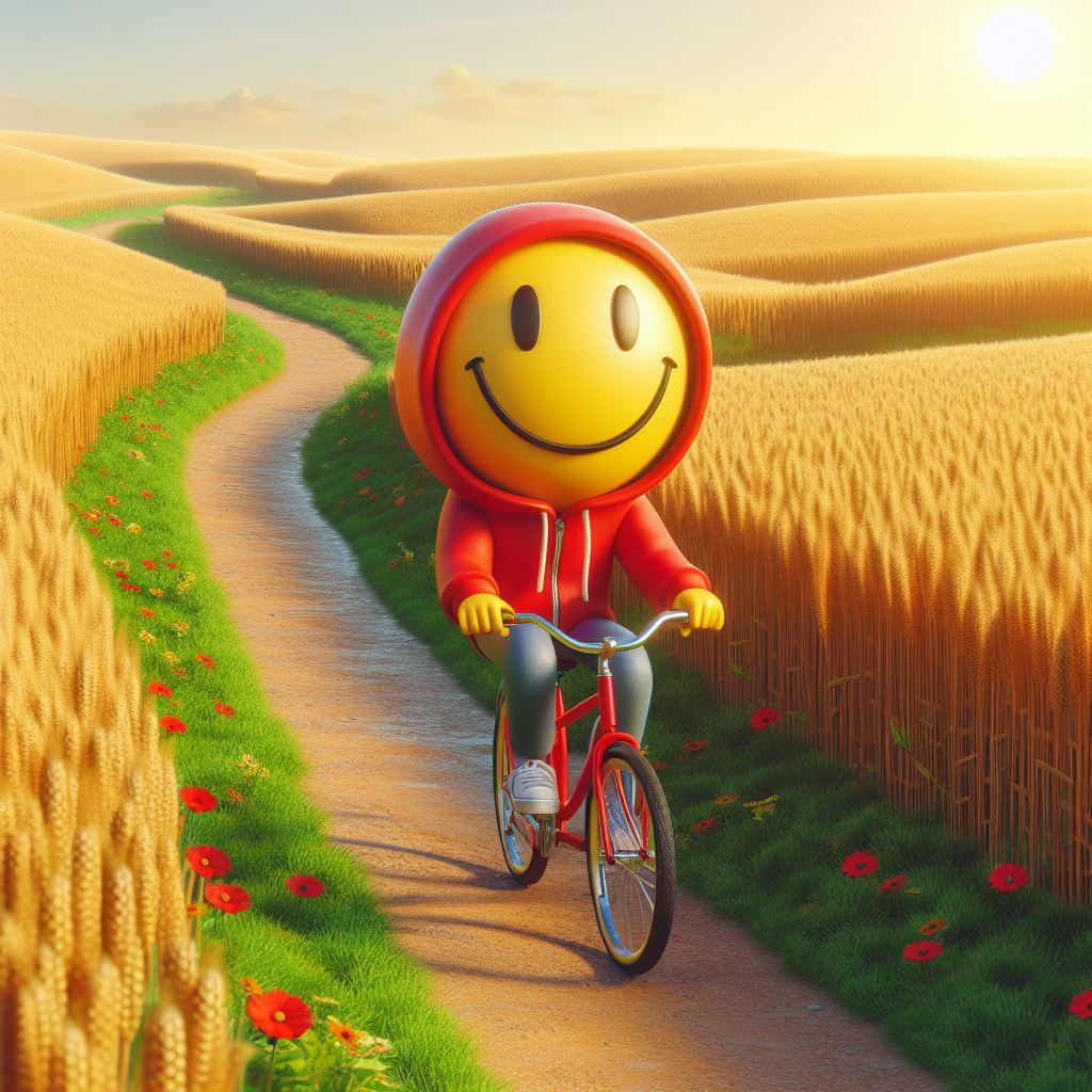 Ein Smiley in einer roten Windjacke fährt auf einem Fahrrad über einen Weg zwischen sonnigen Wiesen 3d grafik