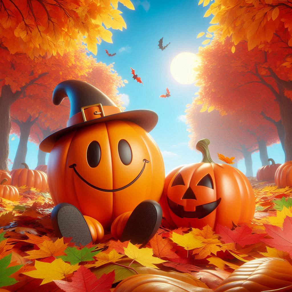 Ein smiley verkleidet als halloween kürbis sitzt bei blauem himmel unter herbstlich gefärbten bäumen auf einem blätterhaufen, 3d grafik-4