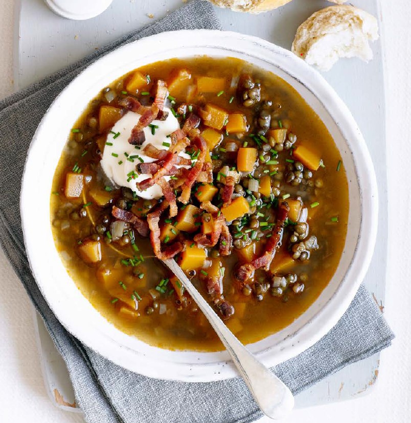 Kürbis mit Linsen Speck und Ahornsirup