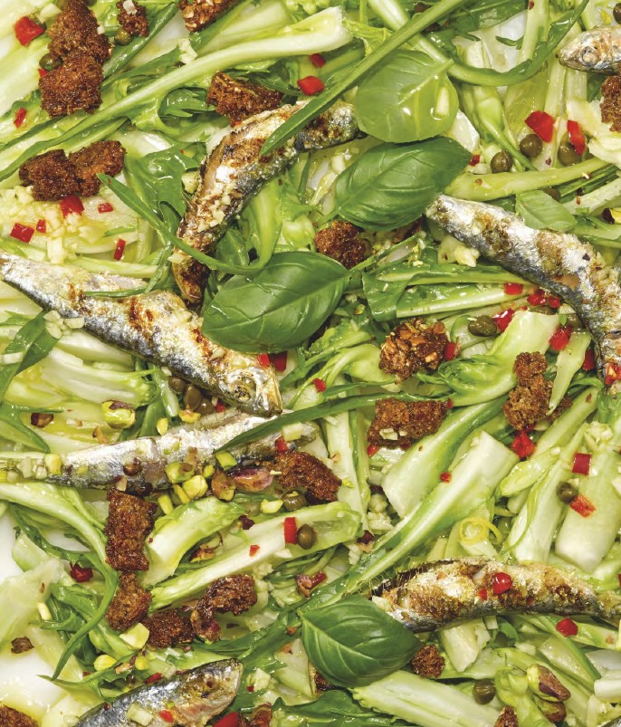 PUNTARELLE MIT GEGRILLTEN SARDELLEN UND CROÛTONS