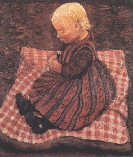 Paula Modersohn Becker - Kind auf rotgewrfeltem Kissen - (MeisterDrucke-29699)