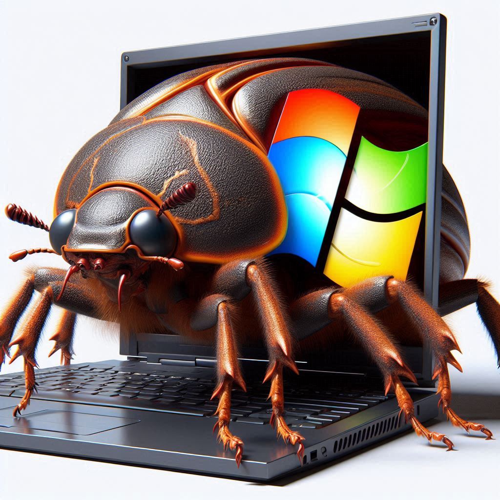 a huge bug with a windows-logo on his back crawls out of a pc, 3d grafik-1