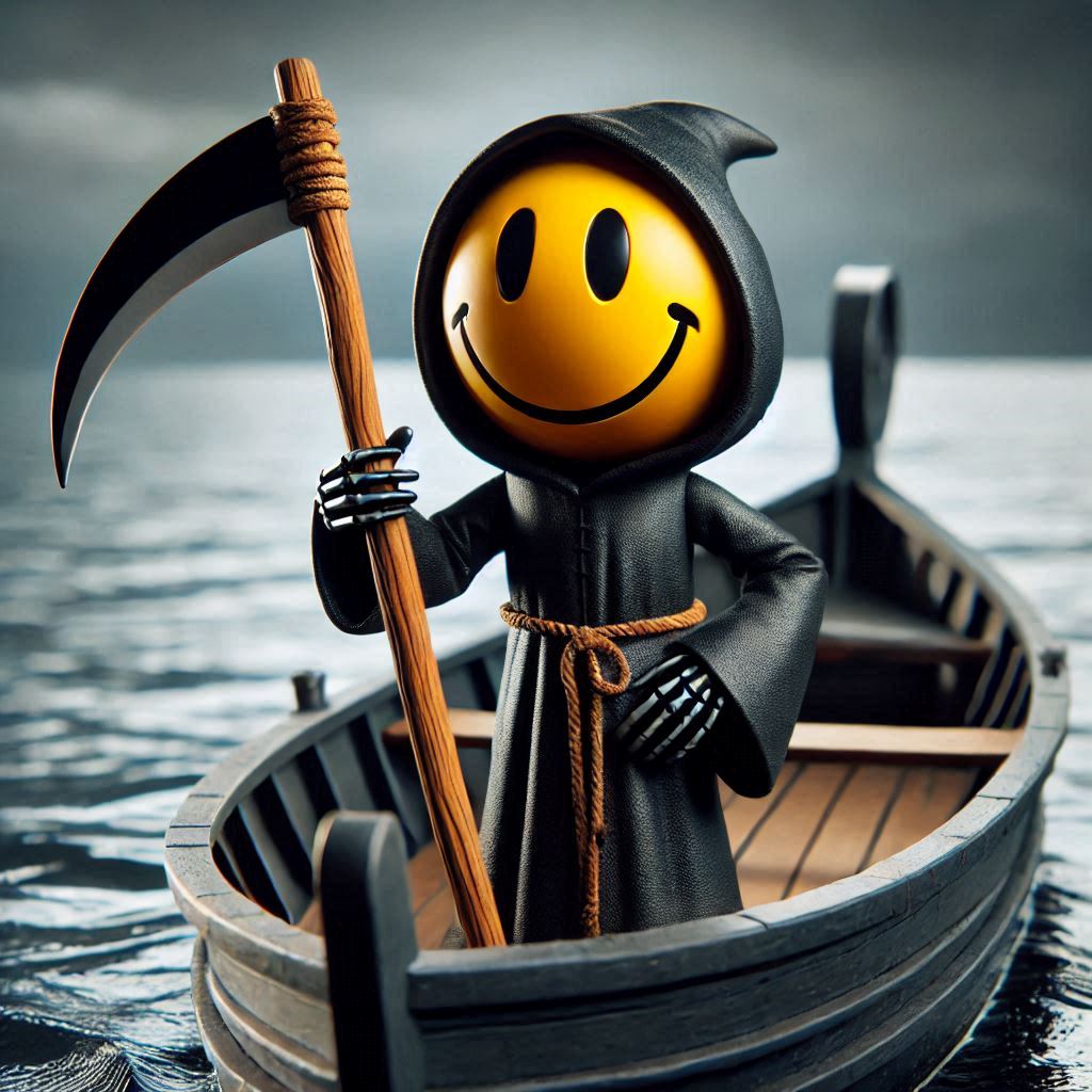 a smiley dressed as Death in a black coat with a scythe in his hand stands in a black barge on a sea