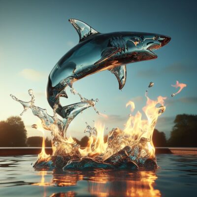 ein gläserner hai springt über einem pool durch einen brennen reifen, photorealistic
