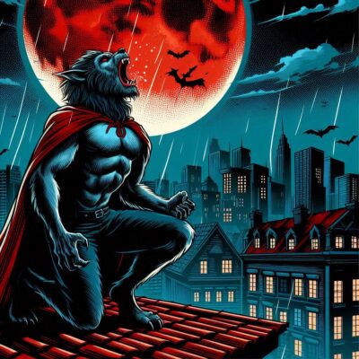a wererwolf standing on a roof howls at a blood colored moon, comic style 1
