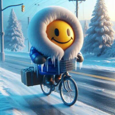 ein frierendes smiley in dicker winterjacke auf einem fahrrad auf einer straße, 3d grafik-4