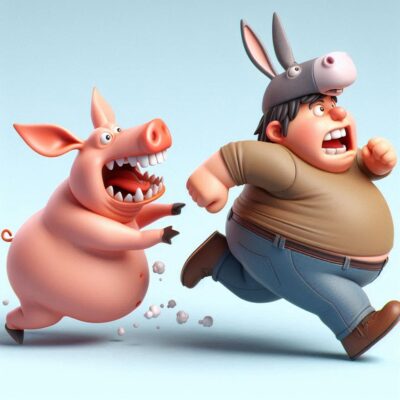 Ein kleiner dicker Mann trägt eine eselsmütze und flüchtet vor einem Schwein, das ihn zu beissen versucht, 3d comic