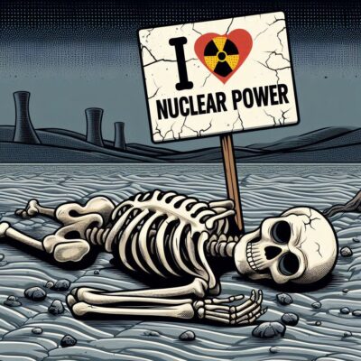 ein skelett liegt in einer grauen wüste mit einem schild ich liebe atomstrom, comic style 3