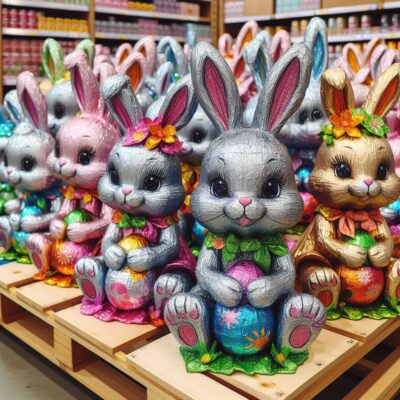 viele osterhasen aus bunter metallfolie sitzen auf einer palette, manga style-1