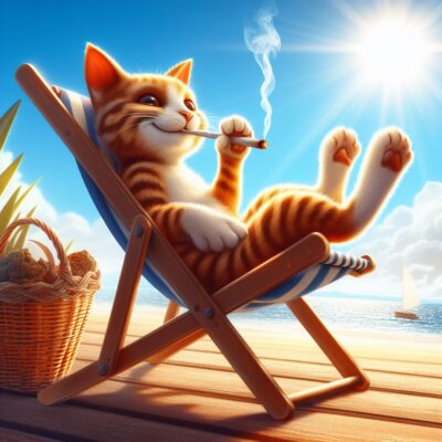 eine fröhliche katze mit einem joint in der pfote sitzt auf einem liegestuhl am strand in der sonne, digital art