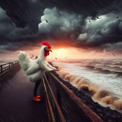 eine frau in einem hühnerkostüm steht im sturm auf einem deich vor endlosem meer, digital art