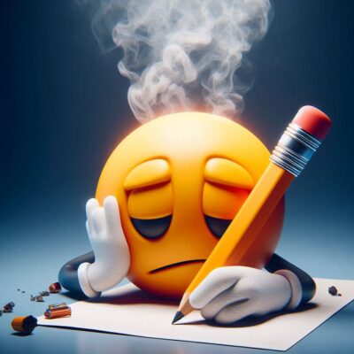 ein grübelndes smiley sitzt mit rauchendem kopf mit einem bleistift in der hand vor einem leeren blatt papier, 3d grafik