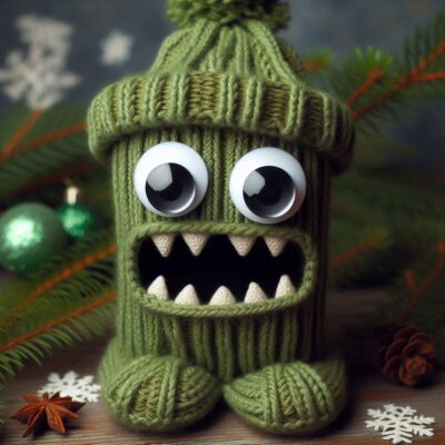 eine puppe aus einem gestrickten grünen strumpf mit kulleraugen und aufgerissenem mund, digitale grafik-3