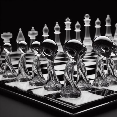 ein schwarz-weißes schachbrett mit aliens aus glas als schachfiguren, gestaltet von H. R. Giger, photorealistic 4