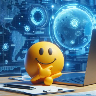 ein smiley sitzt nachdenklich vor einem laptop, 3d grafik-2