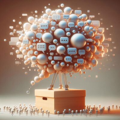 eine sprechblase steht auf dünnen beinen auf einer holzkiste, aus ihr kommen viele kleine sprechblasen, digitale grafik