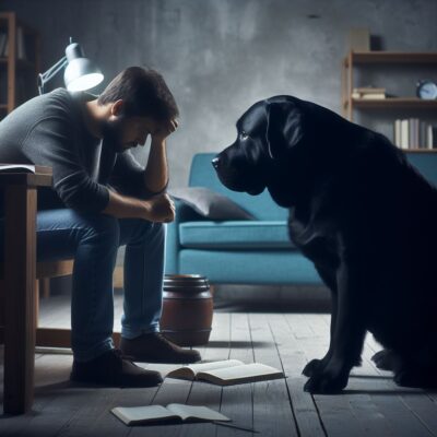 a huge black dog looks at a man suffering a depression