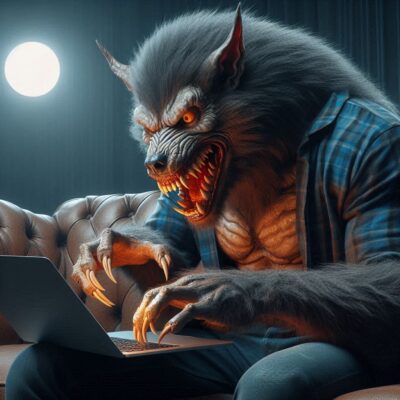 a werewolf with a laptop sitting on a couch sharpens its teeth, photorealistic 4