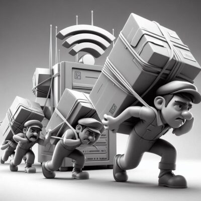 erschöpfte boten mit riesigen paketen schleppen sich von einem Internet-router weg, schwarz-weiß 3d comic