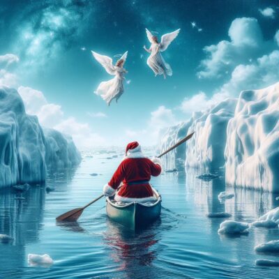ein weihnachtsmann paddelt zwischen eisbergen begleitet von einigen engeln am himmel, digital art
