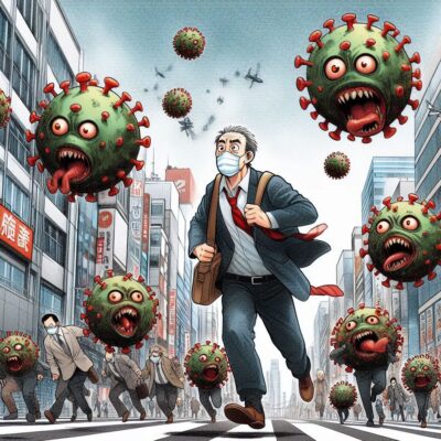 viele viren jagen einen kleinen alten mann durch die straßen einer stadt, manga-style-3