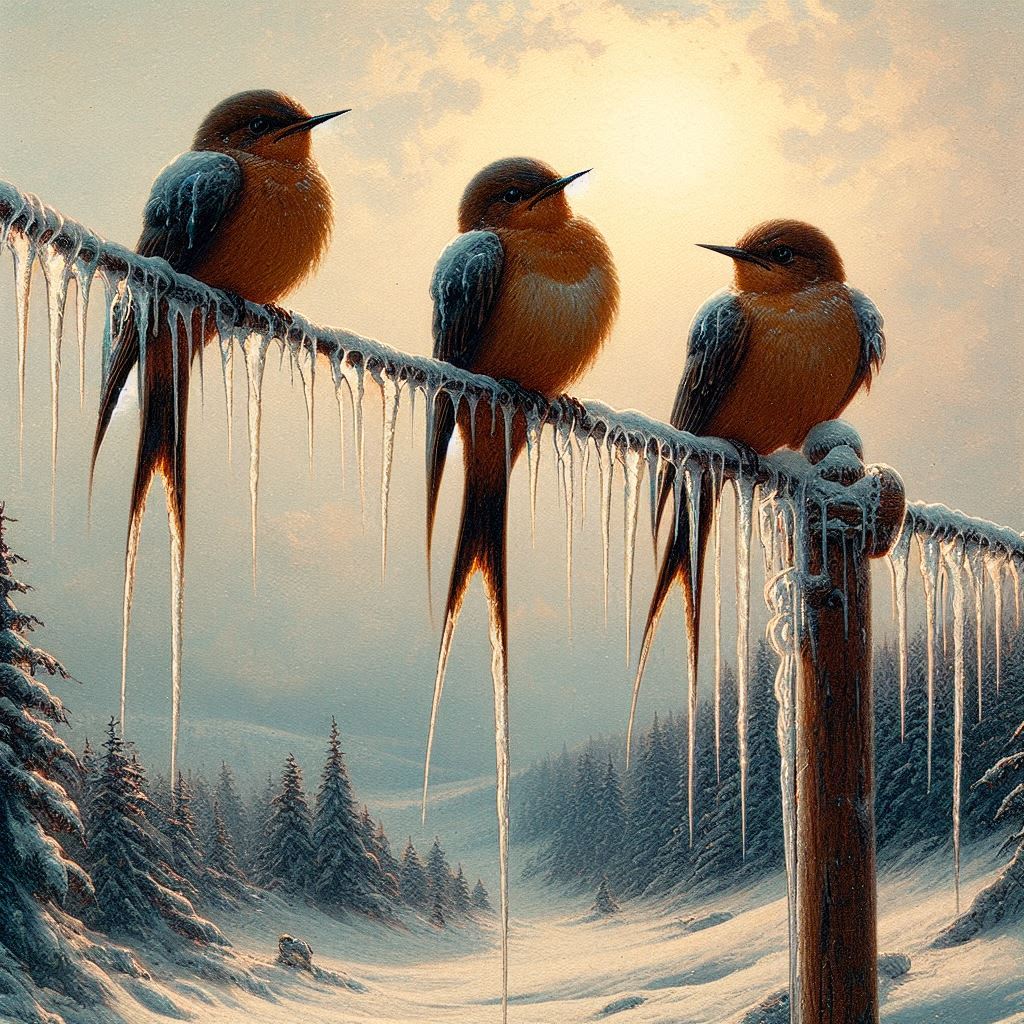 drei vögel mit eiszapfen an den flügeln sitzen in einer winterlandschaft auf einer telegrafenleitung, paiting by lyonel feininger-3