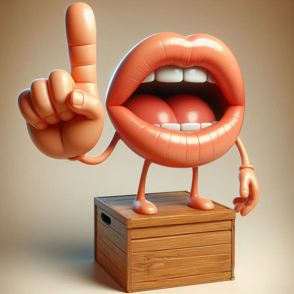 ein mund mit gro__en lippen und kurzen beinen steht auf einer holzkiste eine hand mit erhobenem zeigefinger in die luft gestreckt, comic stil