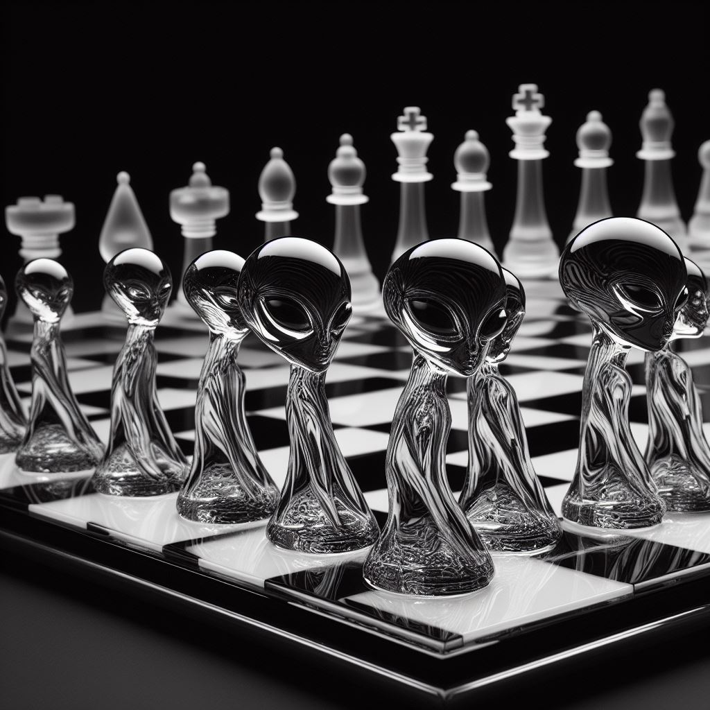 ein schwarz-weißes schachbrett mit aliens aus glas als schachfiguren, gestaltet von H. R. Giger, photorealistic 4