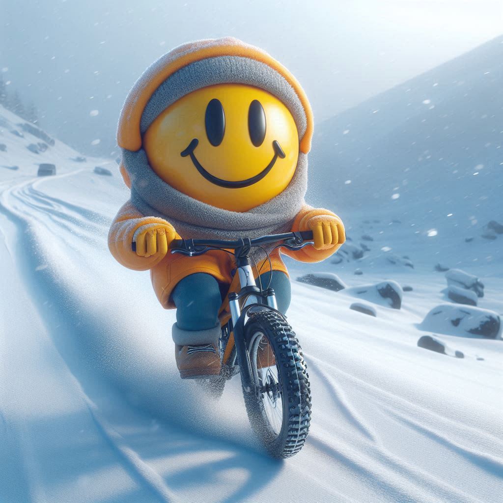 ein smiley in dicker winterjacke fährt auf einem Fahrrad durch schnee, 3D Grafik-2