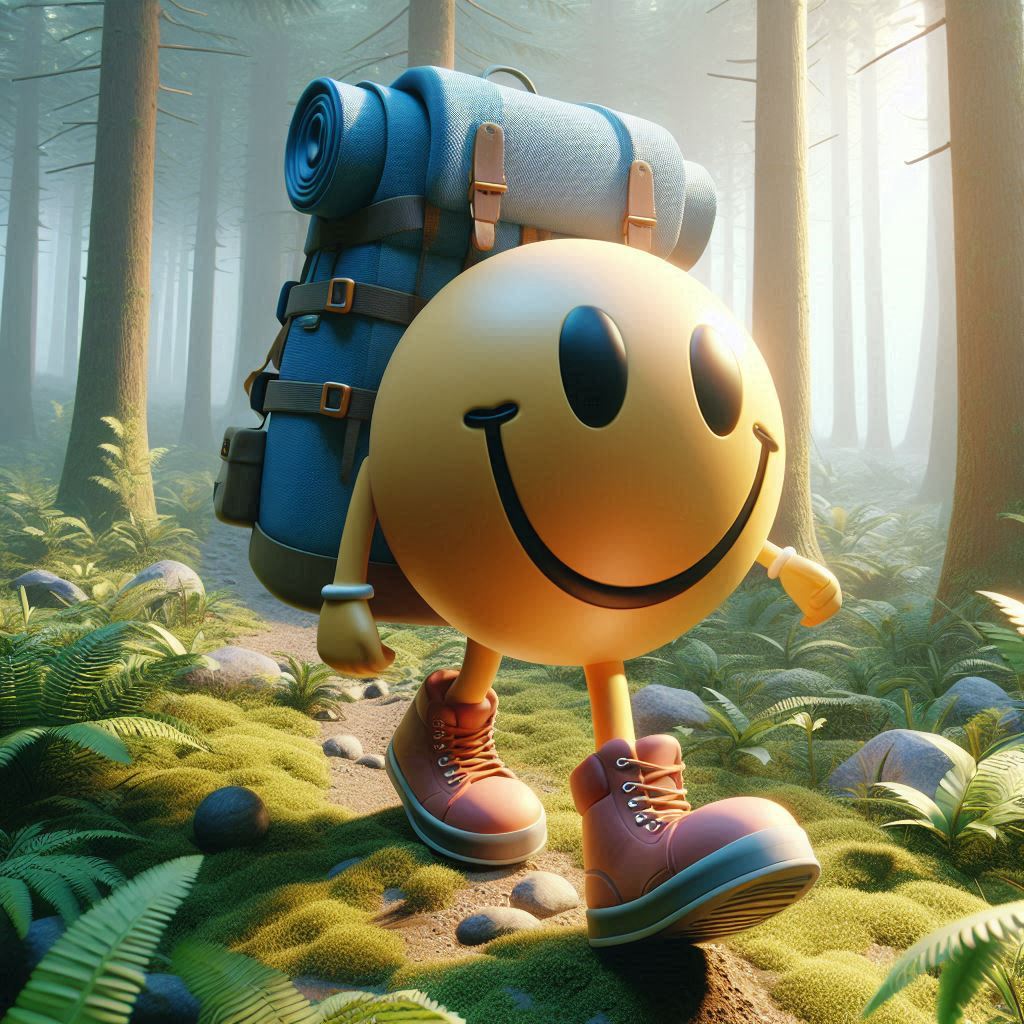ein smiley mit einem Rucksack wandert durch einen wald 3d grafik-2