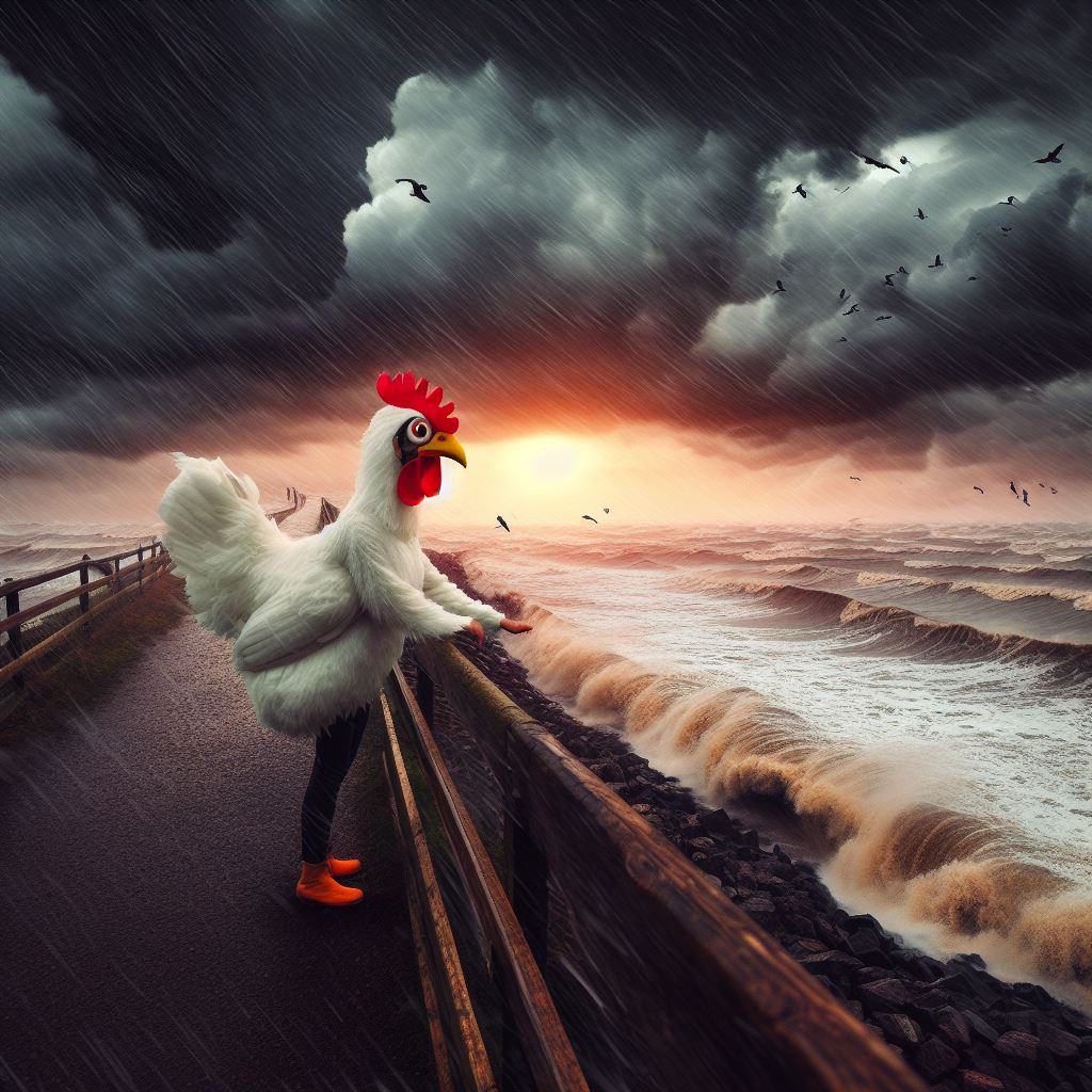 eine frau in einem hühnerkostüm steht im sturm auf einem deich vor endlosem meer, digital art