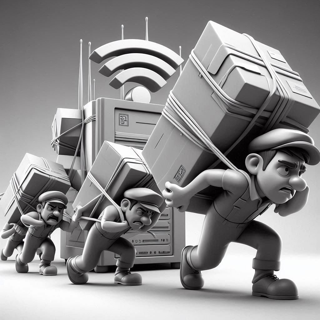 erschöpfte boten mit riesigen paketen schleppen sich von einem Internet-router weg, schwarz-weiß 3d comic