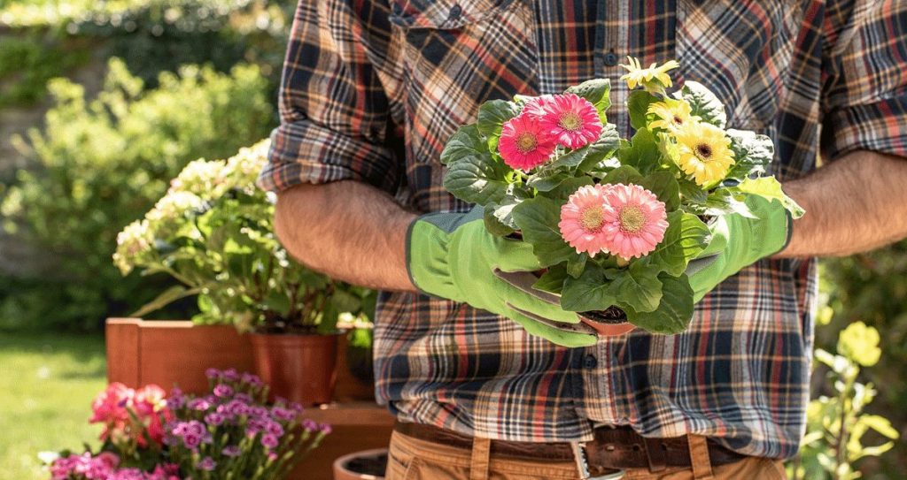 Mann beim Gärntnern