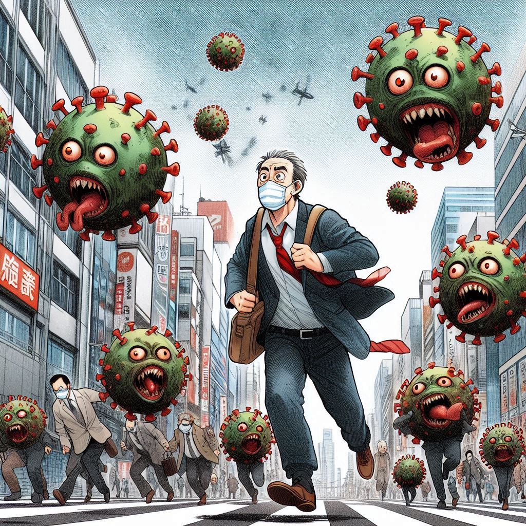 viele viren jagen einen kleinen alten mann durch die straßen einer stadt, manga-style-3